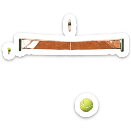 A tennis court at the Roland Garros tournament, with the iconic clay surface and a tennis ball bouncing near the net. The scene evokes the energy and excitement of the grand event, with vibrant crowds in the stands and a competitive atmosphere. sticker