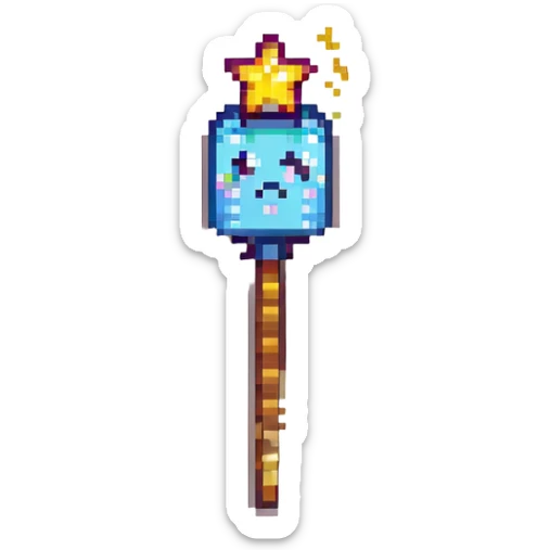 pixelated, blocky emoji of a magic wand with sparkles, inspired by Harry Potter and Minecraft sticker