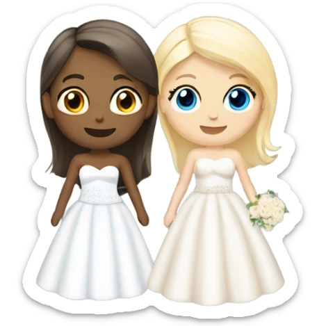 two girls at a wedding one blonde one brunette one wearing a wedding dress sticker