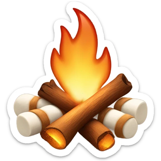 Illustrate a whimsical emoji of a cozy campfire with a happy face in the flames, surrounded by tiny roasting marshmallows on sticks sticker