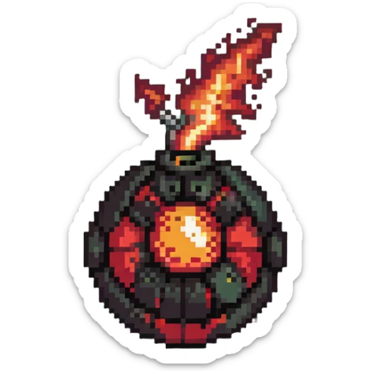 Red digital bomb with flame-shaped fuse at the top, round black bomb body with red accents, pixel art style sticker