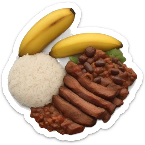 A plate with cooked meat in sauce , rice and fry male plantains and black beans sticker