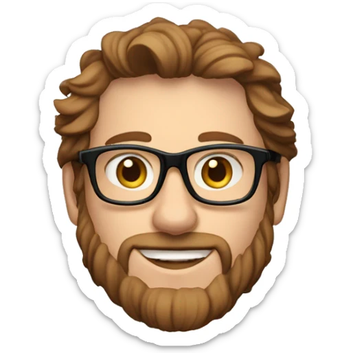 35 year old guy caucasien coming from south of france, brown and curling mid long hair, trend black glasses, smiling, with no moustache and no bear sticker