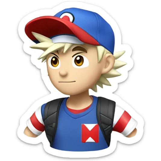 ASH ketchum, pokemon trainer with his spiky hair showing from beneath his signature red and white baseball cap.  sticker