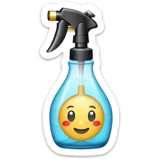 An emoji of a spray bottle actively spraying mist. A fine mist of tiny particles is visible in the air as the nozzle releases the spray. Can resemble a perfume, cologne, or cleaning product. Transparent bottle with a trigger or press nozzle, slightly tilted while spraying sticker