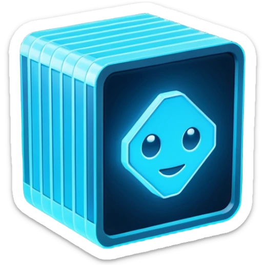 Pixel art emoji icon of a futuristic holographic book (help), neon blue sci-fi voxel style, cute tech aesthetic, centered, simple, high contrast, 3D shading, soft glow, transparent background, 100x100 px, game UI icon sticker