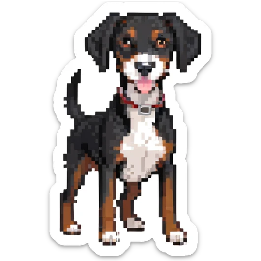 shorthaired black hound dog with white on chest, nose, and paws, full body, happy expression sticker