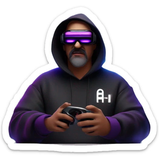 Big Lebowski wearing a black hoodie with "OMG" letters on it and VR headset oculus quest 2 in a cyberpunk VR environment with violet neon lighting. sticker