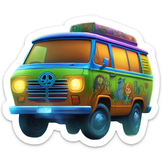 A vibrant semi-realistic depiction of the Scooby-Doo Mystery Machine van speeding through a misty, spooky forest under the moonlight, with glowing headlights and playful psychedelic patterns. sticker