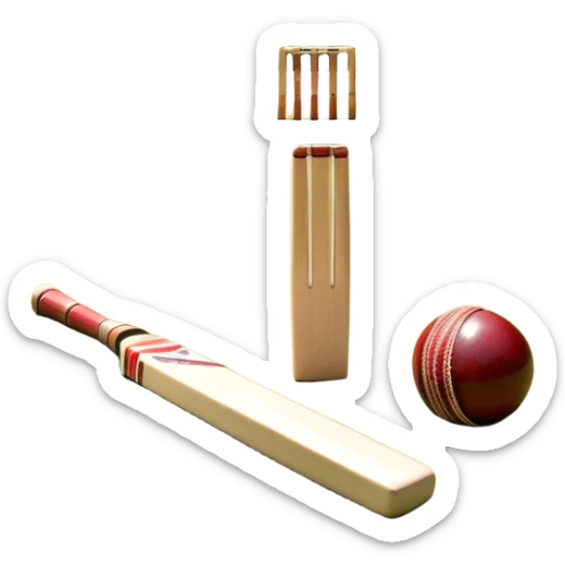 A cricket bat and ball resting on a well-manicured pitch, with the stumps and bails in the background. The scene emphasizes the traditional elements of the game, with the bat poised for a shot and the field reflecting a calm, competitive atmosphere. sticker