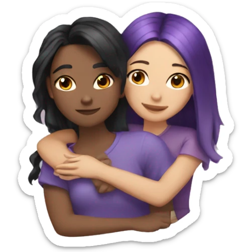 tan girl with black and purple hair hugging light skinned brunette girl sticker