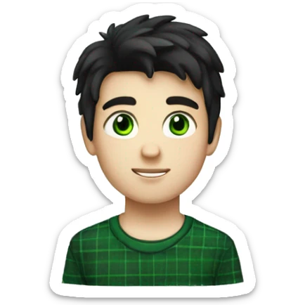 A white boy with black hair wearing a white T-shirt with a black plaid shirt over it with green eyes sticker