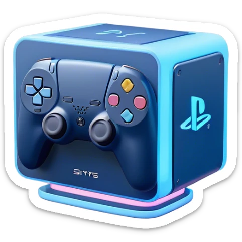 Clash of Clans aesthetic: Cinematic Playful PlayStation 5 Console Portrait Emoji, rendered in a 3D vector-style similar to standard emojis with minimal shading and bold, simplified shapes. A compact, distinct form with signature details, softly glowing with a cutting-edge console technology charm. Simplified yet unmistakably iconic, highly detailed and consistent, glowing with a soft radiance and high shine. Stylized with a touch of technological advancement and a soft glowing outline, capturing the essence of a beloved gaming relic with a friendly, playful manner! sticker