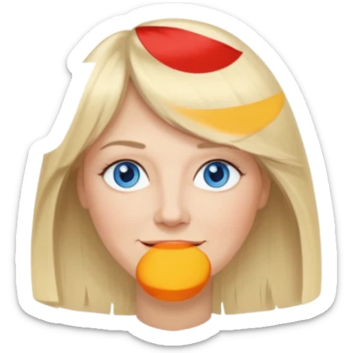 50 yr old white woman, curtain bangs, very long straight blond hair, oval face, small smile, blue eyes, thin face, hair down to elbows, round cheeks, pale sticker