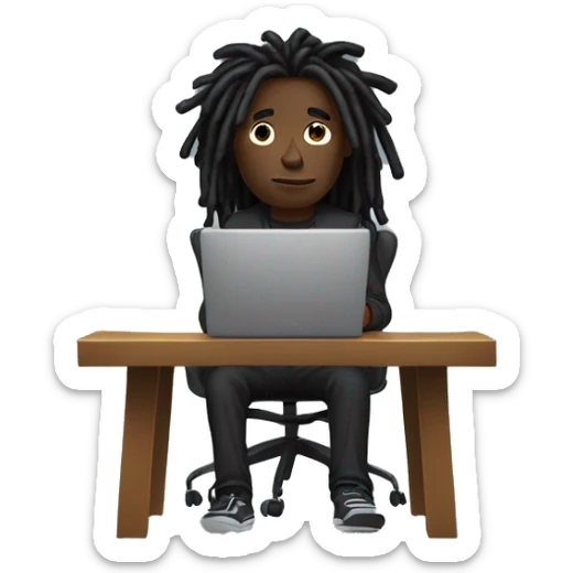 Black-guy-with-dreads-wearing-black-trackstuit-sitting-down-on-chair facing-foward-focused-on-laptop-computer- sticker