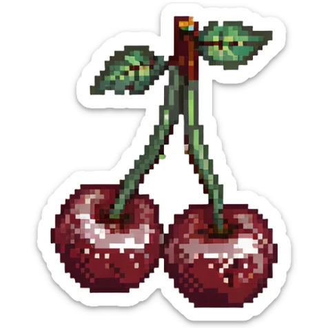 Pixel art of two dark maroon cherries with green stem, deep red color sticker