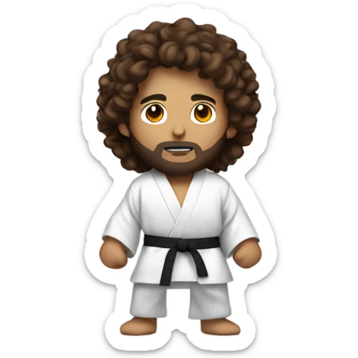 young sensei with brown long curly hair that's facing upwards and beard Wearing a white robe and holding martial arts equipment sticker