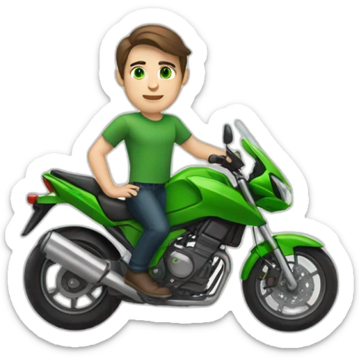 white skin men with brunette hair and green eyes in a green motorbike sticker
