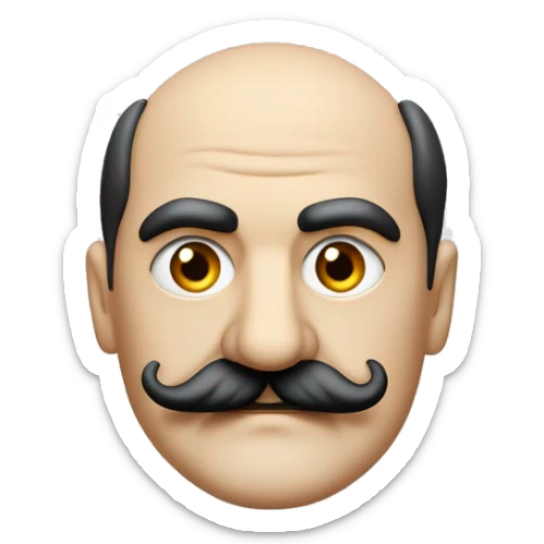Hercule Poirot. Tête ronde. moustache peignée. Crâne chauve. Yeux marrons. sticker