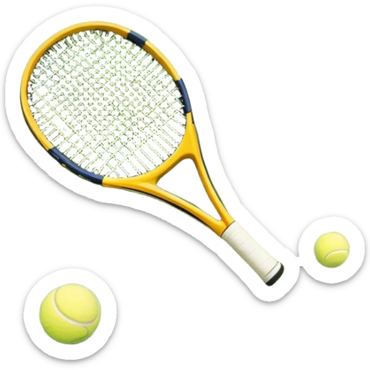 A tennis racket and ball placed on the grass court, with the lines of the court clearly visible in the background. The scene captures the essence of the sport, highlighting the equipment and the vibrant, open atmosphere of a tennis match sticker