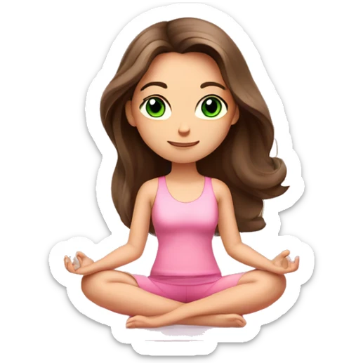 Brunette long hair and green eyes yoga beautiful girl in light pink pink pink clothes sitting on a yoga mat sticker