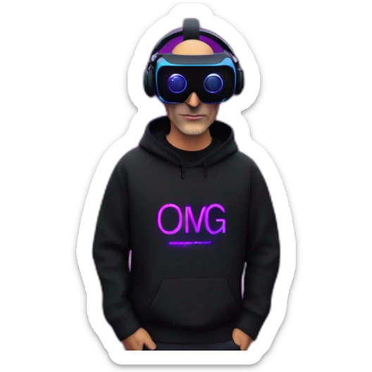 Steve Jobs wearing a black hoodie with "OMG" letters on it and VR headset in a cyberpunk VR environment with violet neon lighting. sticker