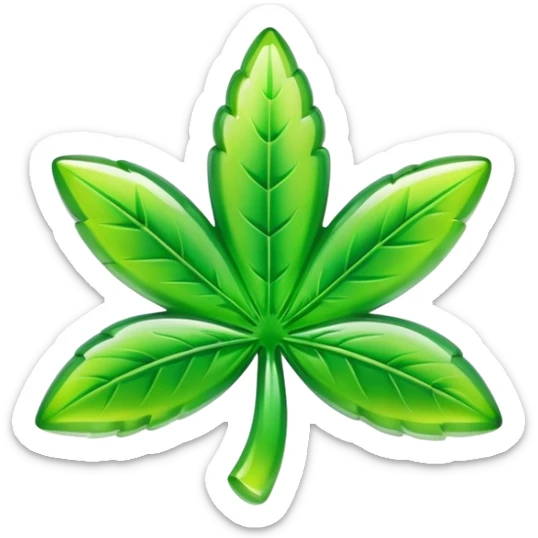generate an emoji-style image of a juicy gummy shaped like a marijuana flower sticker