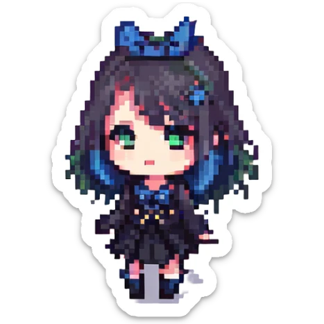 K-pop inspired gothic girl, pixel art style, chibi proportions, gothic outfit, K-pop dance move sticker