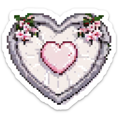 Increase the amount and prominence of silver details and accents on the heart with sakura in pixel art style. No background. sticker