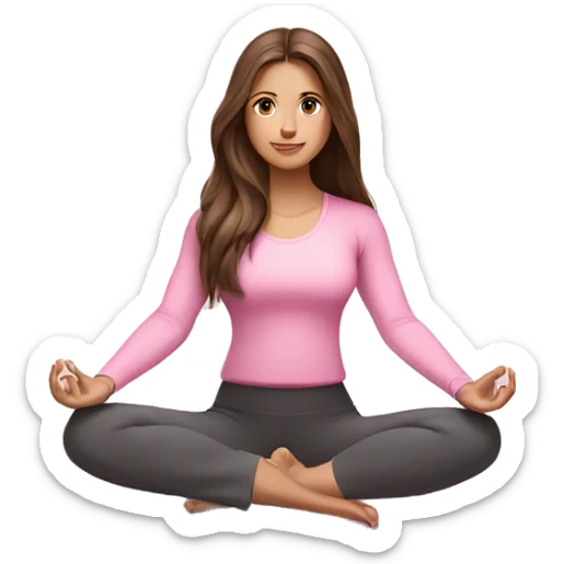 Brunette long hair and blue eyes yoga beautiful girl in light pink pink pink clothes sitting on a yoga mat sticker