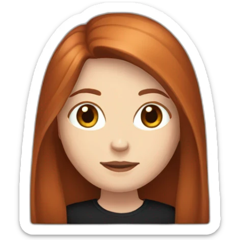 a white girl with straight long red brown hair, with black shirt sticker