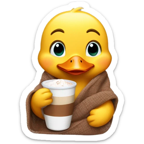 duckling with a glass of cocoa in his hands covered with a blanket sticker