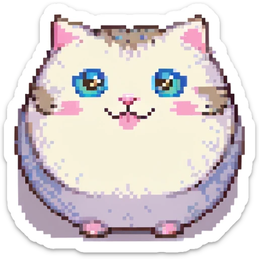 pixel art emoji of a round, adorable cat sitting, big shiny eyes, pink cheeks, joyful face sticker