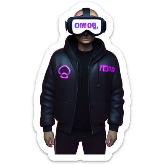 Vladimir Putin wearing a black hoodie with "OMG" letters on it and VR headset oculus quest 2 in a cyberpunk VR environment with violet neon lighting. sticker