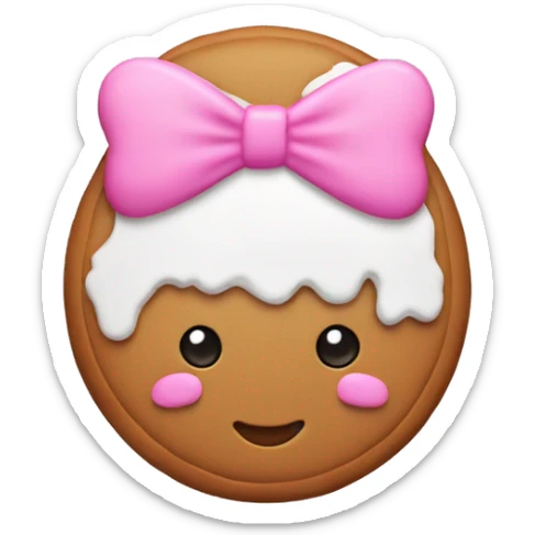 Gingerbread cookie wearing a pink bow on right side of the head with white frosting dress sticker