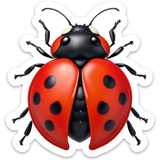 Beautiful and Majestic Ladybug Portrait Emoji, Head and body rendered in serene repose with a gentle, content smile, showcasing a tiny, perfectly rounded red shell with softly defined black spots and eyes gently closed in tranquil repose, Simplified yet exquisitely endearing features, highly detailed, glowing with a soft, drowsy red light, high shine, relaxed and utterly noble, stylized with an air of timeless garden beauty, soft glowing outline, capturing the essence of a beautiful and majestic ladybug that embodies the delicate charm of nature! sticker