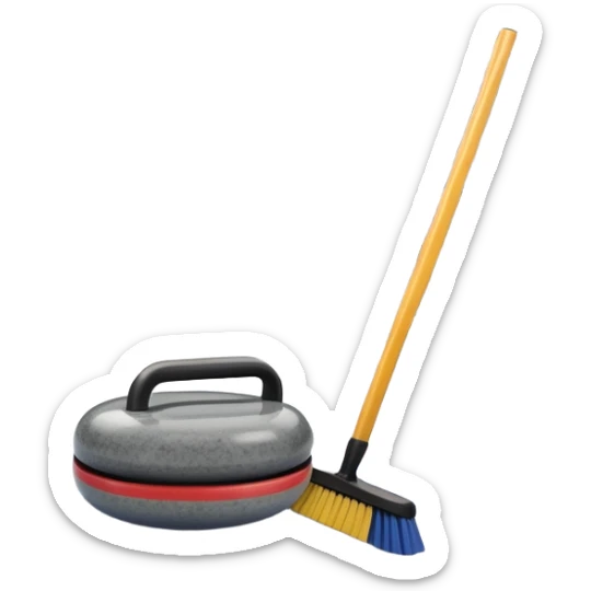 An icon showing a close-up of a curling stone sliding across the ice with a broom beside it. The scene is set in a brightly lit stadium, with detailed spectator stands in the background. Transparent background highlights the focus, skill, and atmosphere of the curling sport. sticker