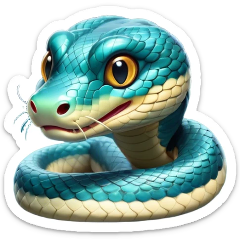Cinematic Cute Chinese Water Snake Portrait Emoji, Head tilted playfully and inquisitively, with a compact, lithe form and a smooth, shimmering coat in subtle aquatic hues, round, sparkling eyes filled with curious fluidity, Simplified yet irresistibly adorable features, highly detailed, glowing with a warm, friendly glow, high shine, affectionate and agile, stylized with a touch of aquatic whimsy, soft glowing outline, capturing the essence of a mischievous yet loving water snake that feels like it could slither out of the screen into your arms! sticker