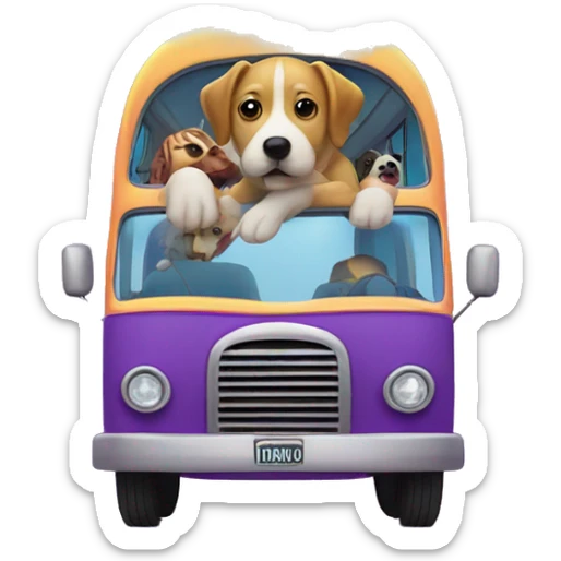 Dog on a bright purple double decor bus with a rain bow above it and animal passengers behind him sticker