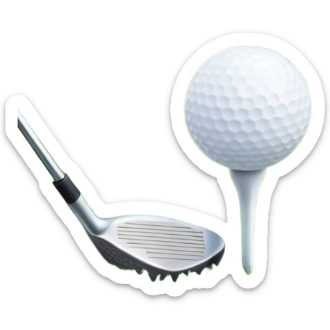 A golf ball on a tee, with a golf club placed beside it on the lush green fairway. The background shows a serene golf course with neatly trimmed grass and a clear blue sky, emphasizing the elegance and precision of the game. sticker