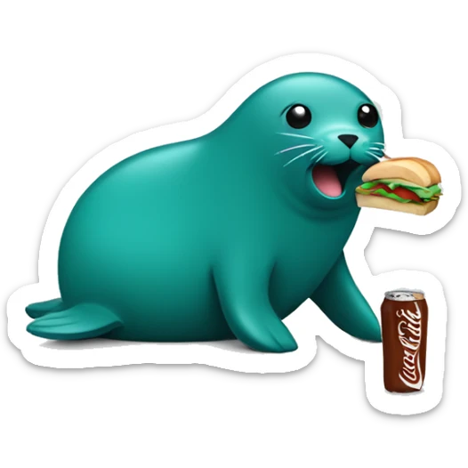teal-coloured seal eating a sandwich with a bottle of soda and a chocolate bar sticker