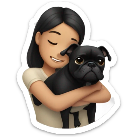 A girl with dark hair hugs a black French bulldog sticker