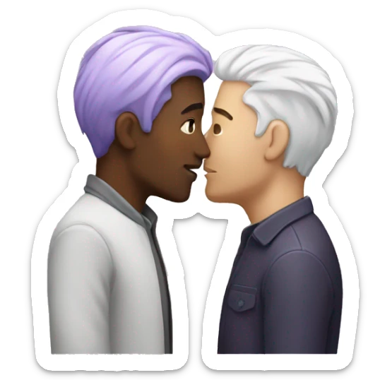 Two men kissing, one of them black, and the other white with lavender hair sticker