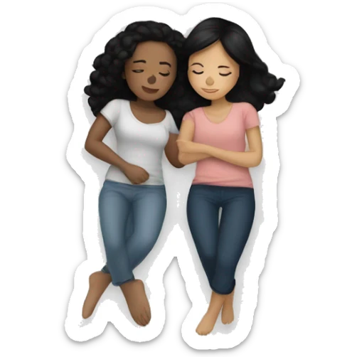 Two girls one with tan skin black hair one with white skin black hair cuddling in a bed together  sticker