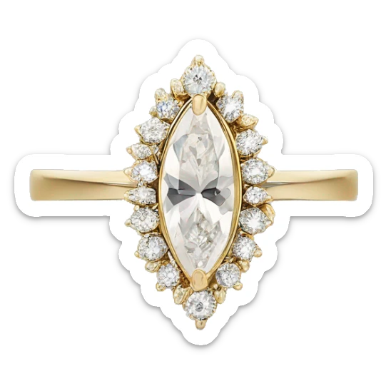A marquise diamond ring with a vintage floral halo, small diamonds around the center stone, and a thin gold band.  Elegant and timeless. With a diamond gap wedding band sticker