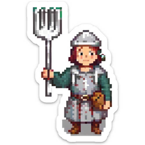 pixel art Twitch emoji of a cartoonish medieval peasant with a fork sticker