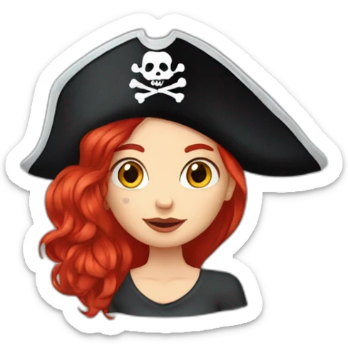 Woman long red hair on one side, other side of head is shaved. Tattoo under shaved hair. pirate hat, skull and crossbones t shirt sticker