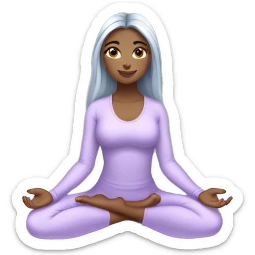 silver long hair and blue eyes yoga girl in light lavander clothes sitting on a yoga mat sticker