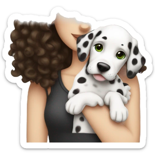 White Girl with dark brown curly hair and green eyes is holding Dalmatian puppy sticker