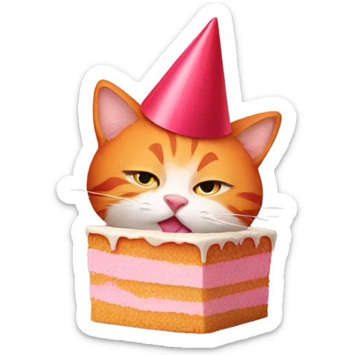 Orange cat with stripes wearing a red party hat eating a piece of pink cake sticker